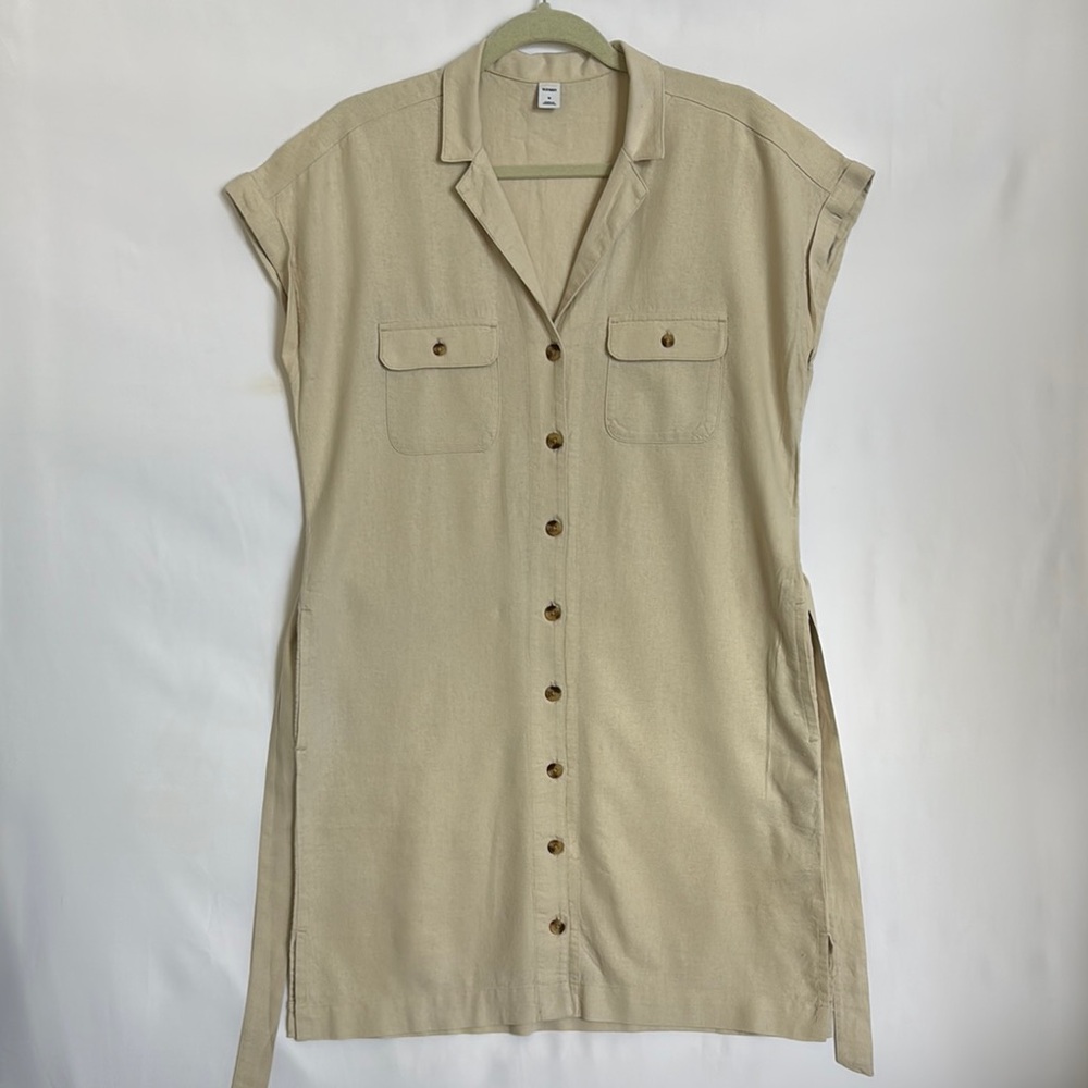 Old Navy Women’s Sz M Tan Midi Button Down Belted Sleeveless Shirt Dress Linen